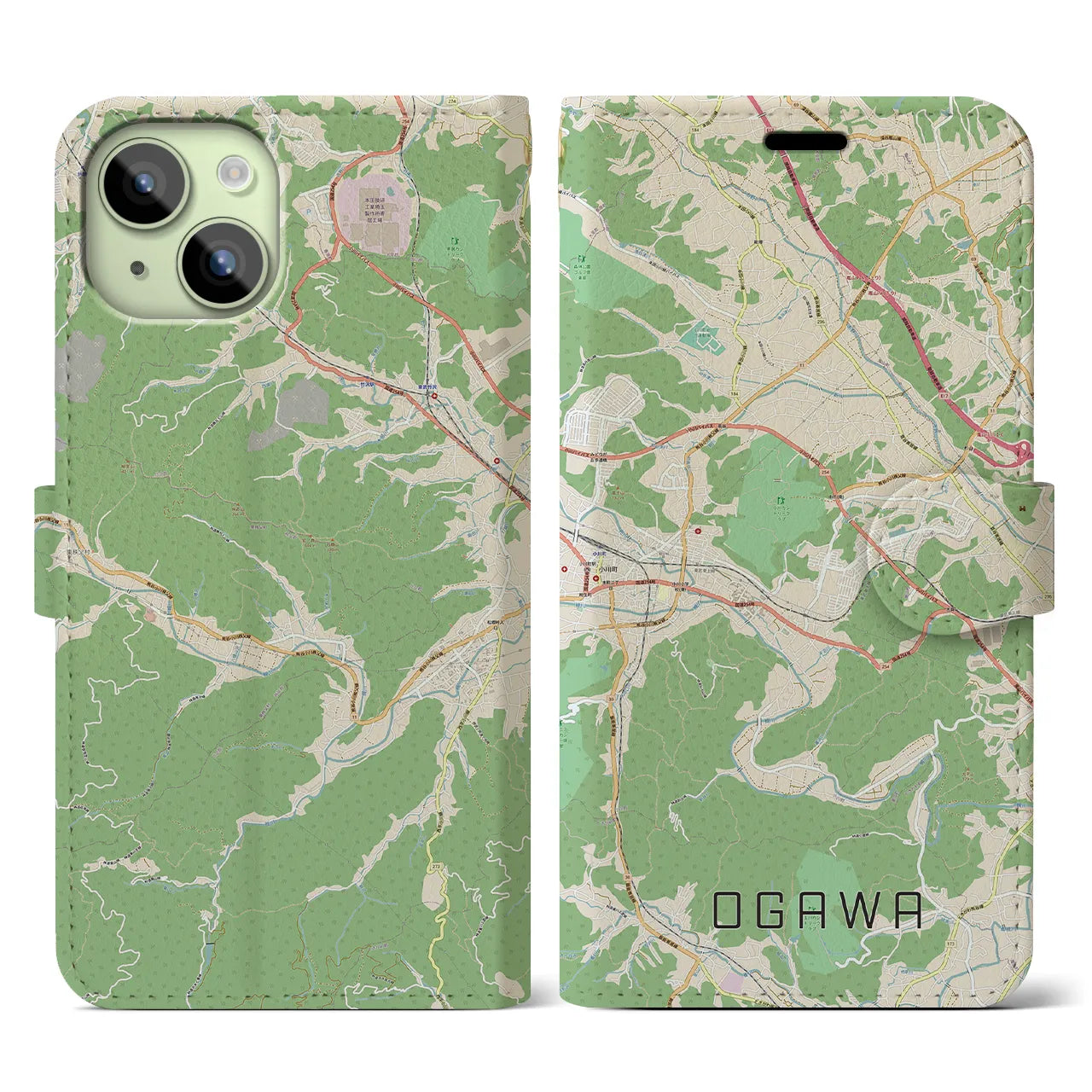 【小川(埼玉県)】地図柄iPhoneケース(手帳タイプ)ナチュラル・iPhone 15 用