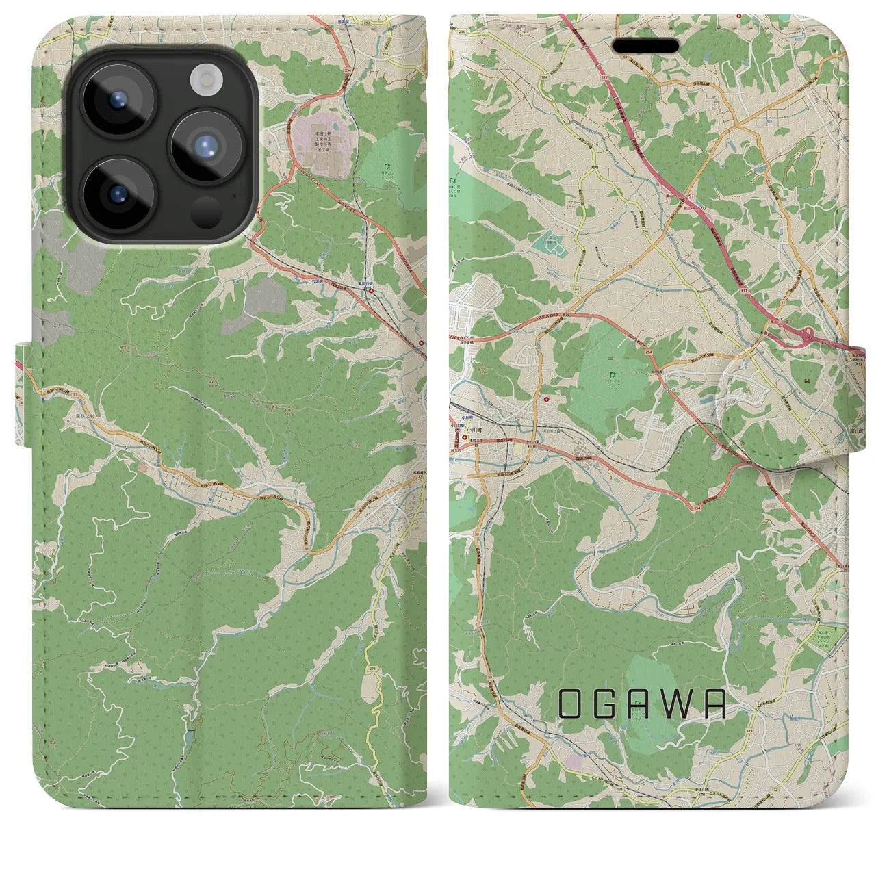 【小川(埼玉県)】地図柄iPhoneケース(手帳タイプ)ナチュラル・iPhone 15 Pro Max 用
