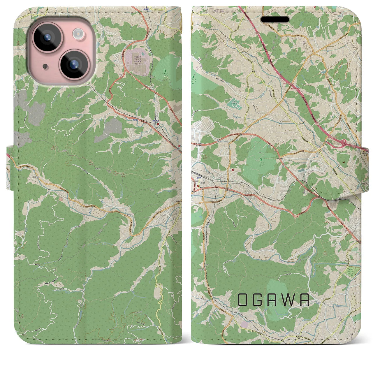 【小川(埼玉県)】地図柄iPhoneケース(手帳タイプ)ナチュラル・iPhone 15 Plus 用