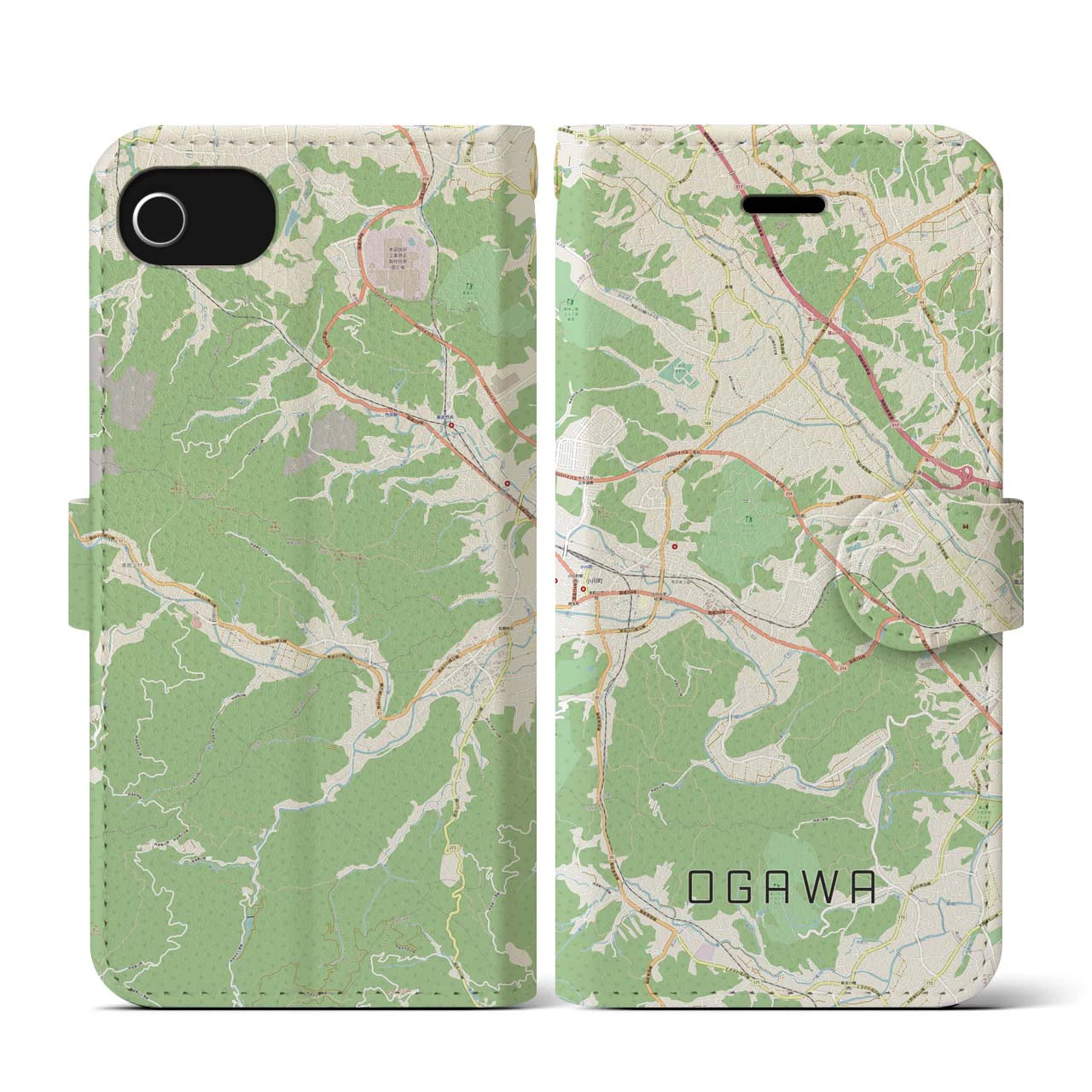 【小川(埼玉県)】地図柄iPhoneケース(手帳タイプ)ナチュラル・iPhone SE(第3 / 第2世代) / 8 / 7 / 6s / 6 用