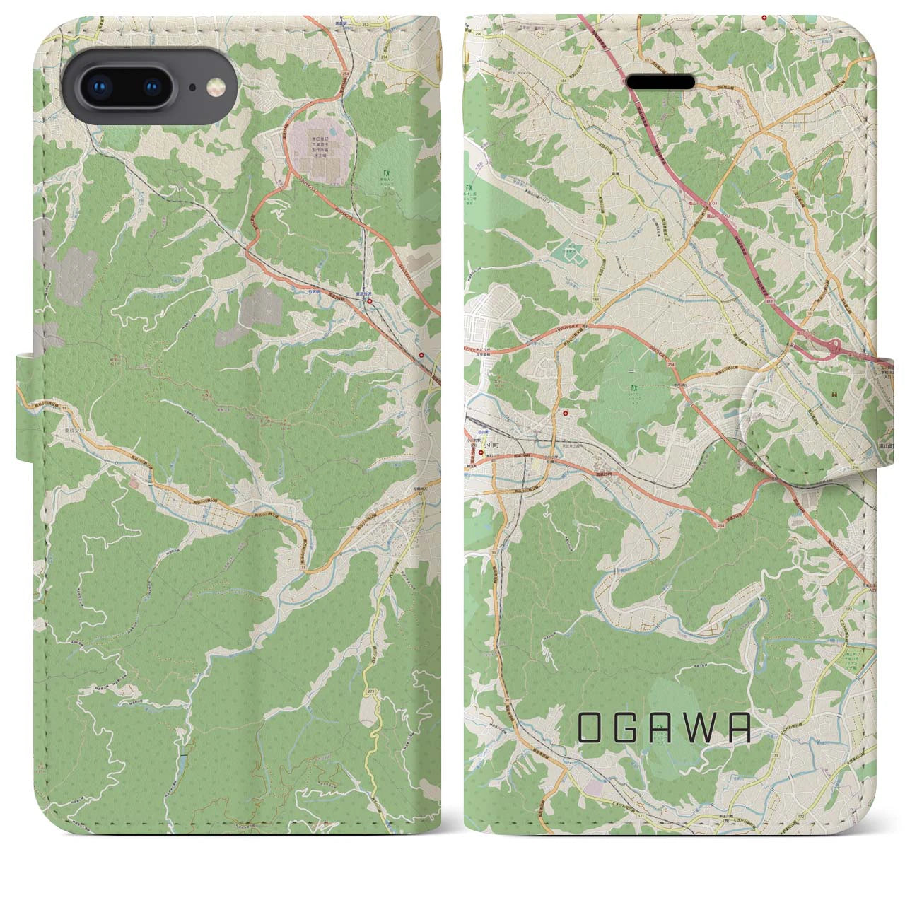 【小川(埼玉県)】地図柄iPhoneケース(手帳タイプ)ナチュラル・iPhone 8Plus /7Plus / 6sPlus / 6Plus 用