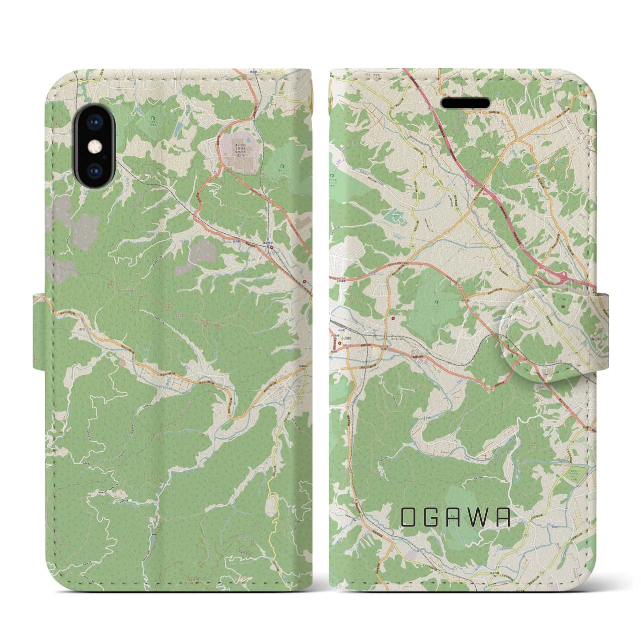 【小川(埼玉県)】地図柄iPhoneケース(手帳タイプ)ナチュラル・iPhone XS / X 用