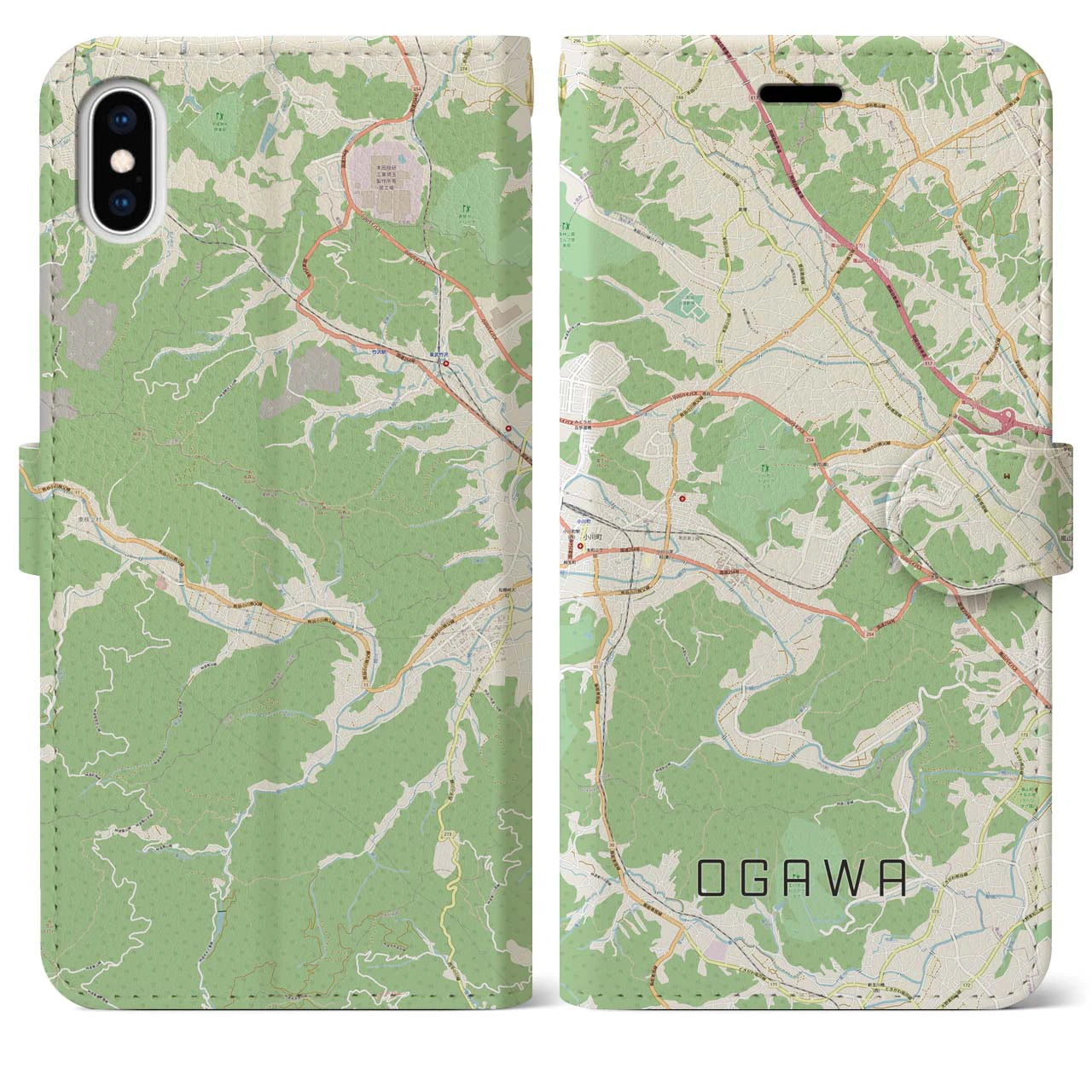 【小川(埼玉県)】地図柄iPhoneケース(手帳タイプ)ナチュラル・iPhone XS Max 用