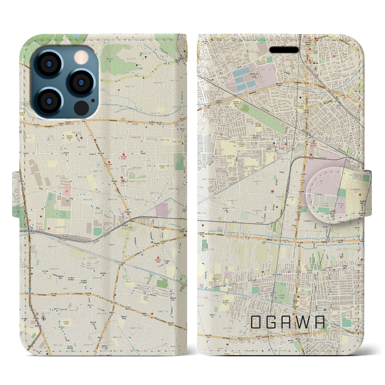【小川(東京都)】地図柄iPhoneケース(手帳タイプ)ナチュラル・iPhone 12 / 12 Pro 用
