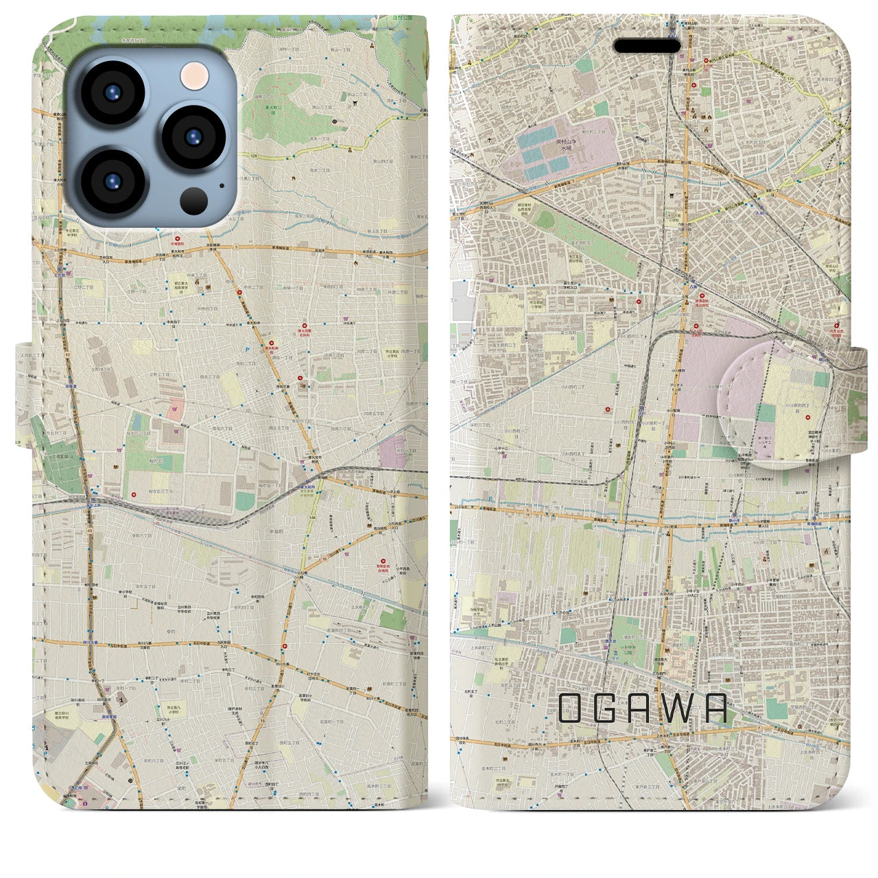 【小川(東京都)】地図柄iPhoneケース(手帳タイプ)ナチュラル・iPhone 13 Pro Max 用