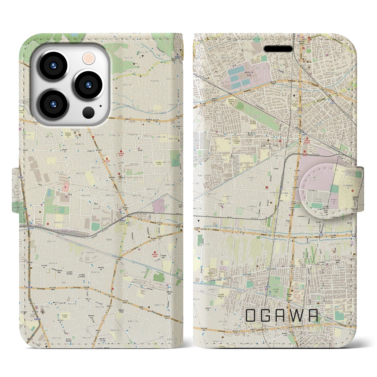 【小川(東京都)】地図柄iPhoneケース(手帳タイプ)ナチュラル・iPhone 13 Pro 用