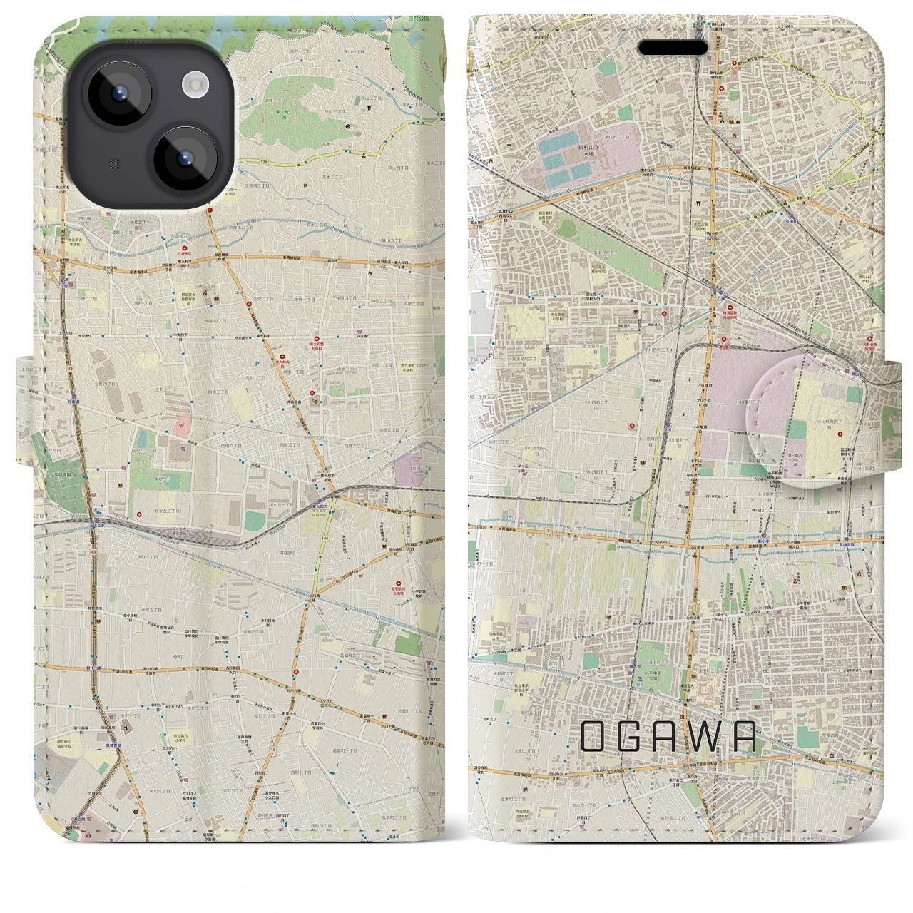 【小川(東京都)】地図柄iPhoneケース(手帳タイプ)ナチュラル・iPhone 14 Plus 用