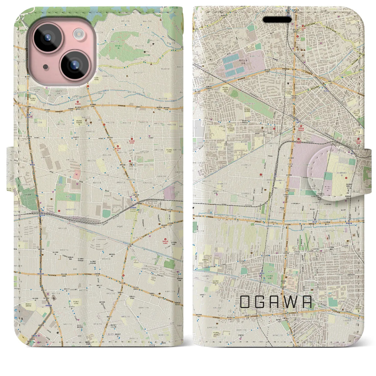 【小川(東京都)】地図柄iPhoneケース(手帳タイプ)ナチュラル・iPhone 15 Plus 用