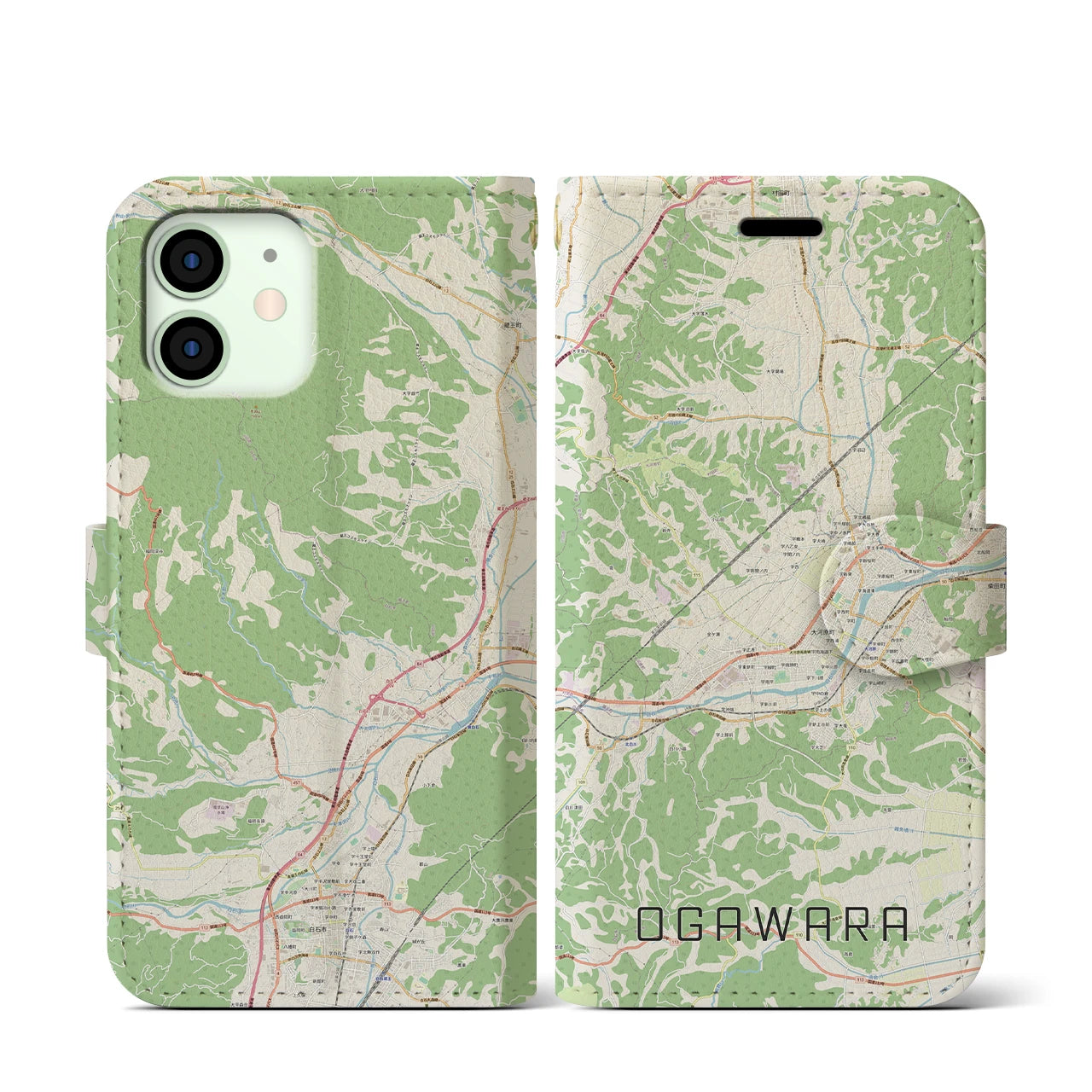 【大河原(宮城県)】地図柄iPhoneケース(手帳タイプ)ナチュラル・iPhone 12 mini 用