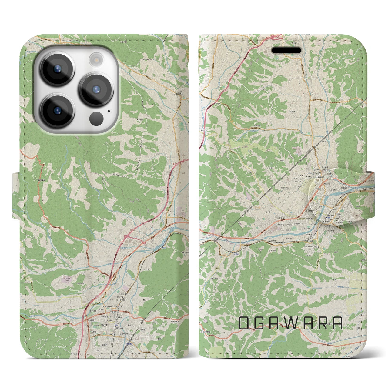【大河原(宮城県)】地図柄iPhoneケース(手帳タイプ)ナチュラル・iPhone 14 Pro 用
