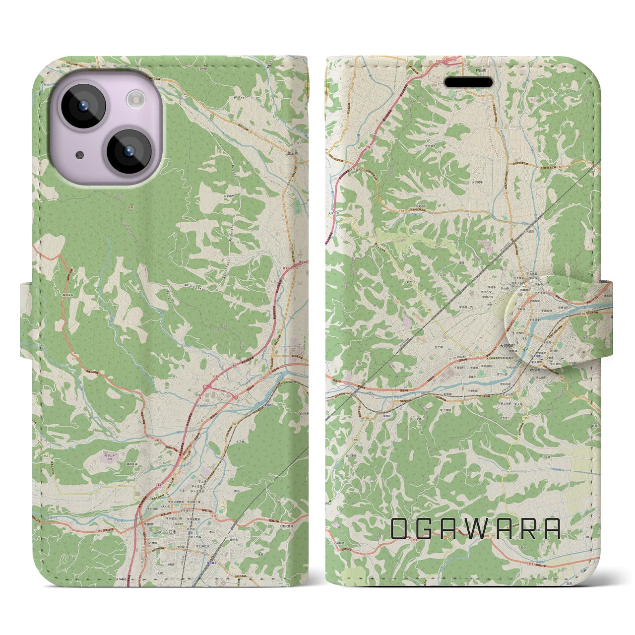 【大河原(宮城県)】地図柄iPhoneケース(手帳タイプ)ナチュラル・iPhone 14 用