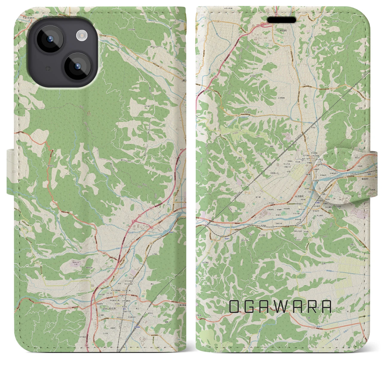 【大河原(宮城県)】地図柄iPhoneケース(手帳タイプ)ナチュラル・iPhone 14 Plus 用