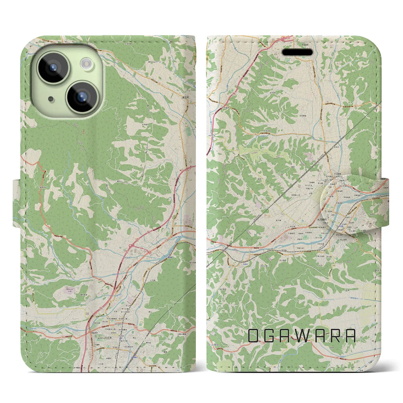 【大河原(宮城県)】地図柄iPhoneケース(手帳タイプ)ナチュラル・iPhone 15 用