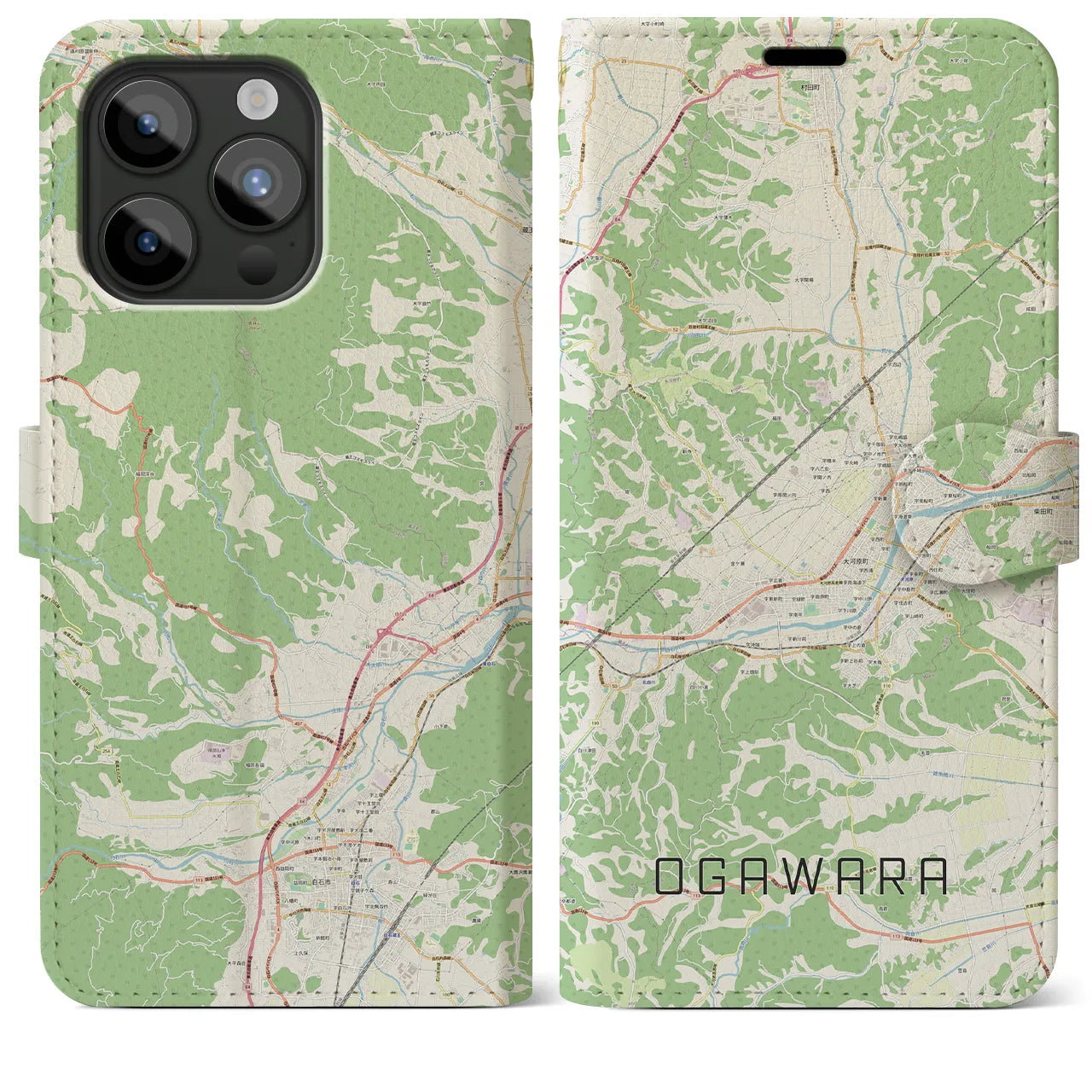 【大河原(宮城県)】地図柄iPhoneケース(手帳タイプ)ナチュラル・iPhone 15 Pro Max 用