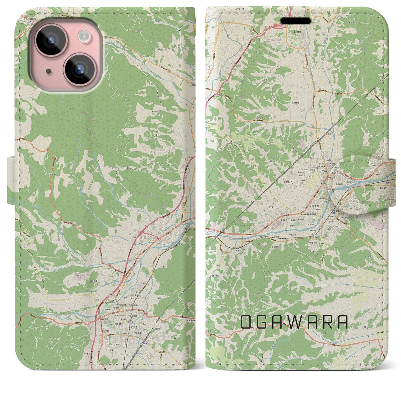 【大河原(宮城県)】地図柄iPhoneケース(手帳タイプ)ナチュラル・iPhone 15 Plus 用