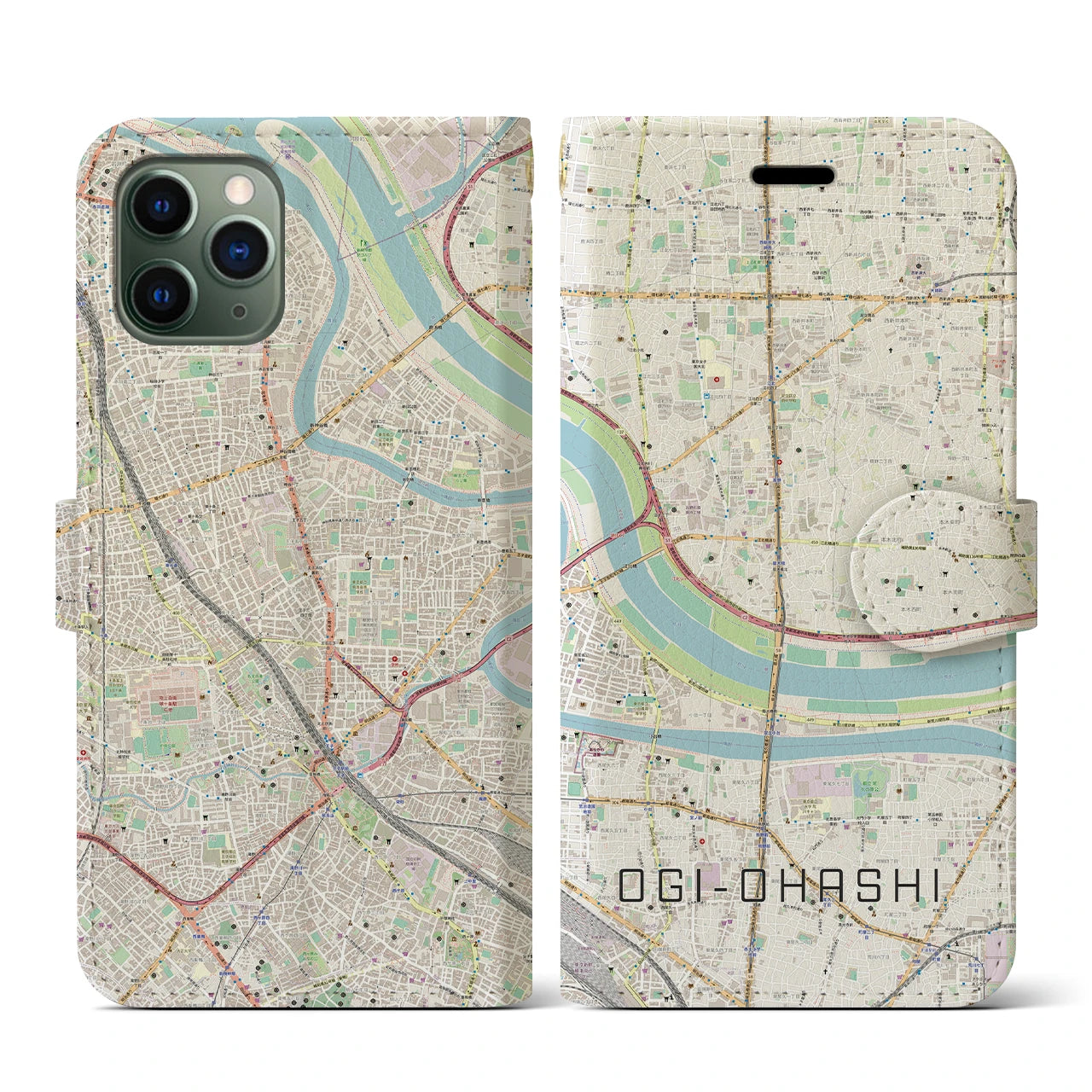 【扇大橋(東京都)】地図柄iPhoneケース(手帳タイプ)ナチュラル・iPhone 11 Pro 用