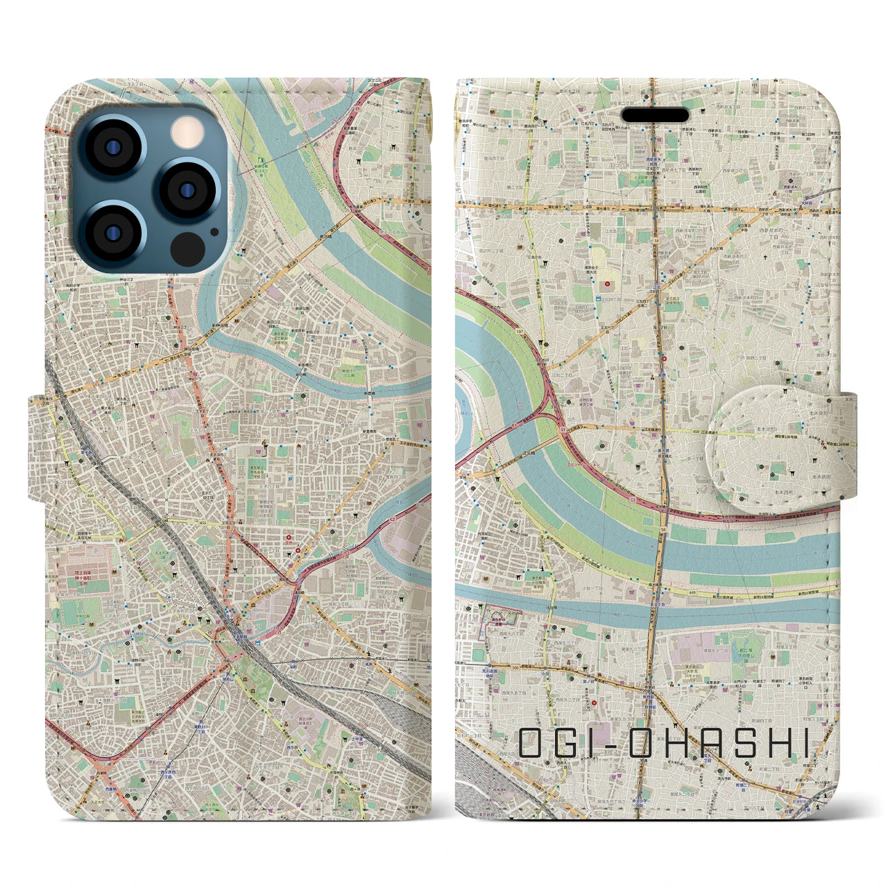 【扇大橋(東京都)】地図柄iPhoneケース(手帳タイプ)ナチュラル・iPhone 12 / 12 Pro 用