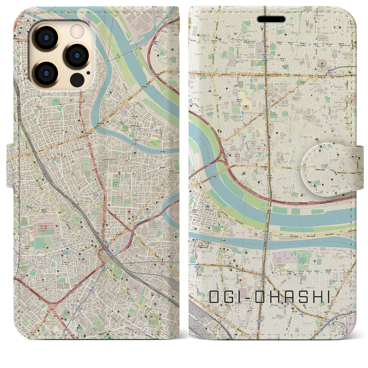 【扇大橋(東京都)】地図柄iPhoneケース(手帳タイプ)ナチュラル・iPhone 12 Pro Max 用