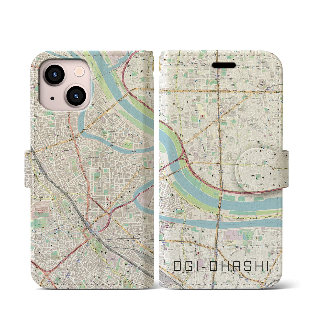 【扇大橋(東京都)】地図柄iPhoneケース(手帳タイプ)ナチュラル・iPhone 13 mini 用
