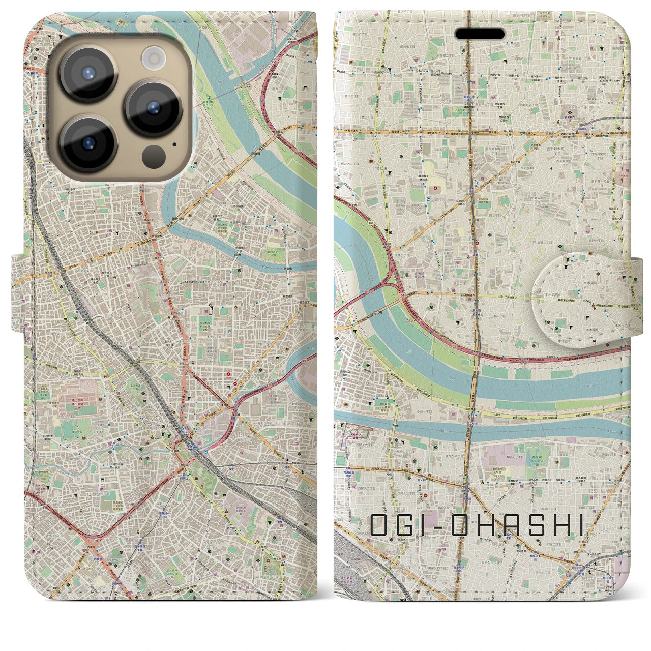 【扇大橋(東京都)】地図柄iPhoneケース(手帳タイプ)ナチュラル・iPhone 14 Pro Max 用