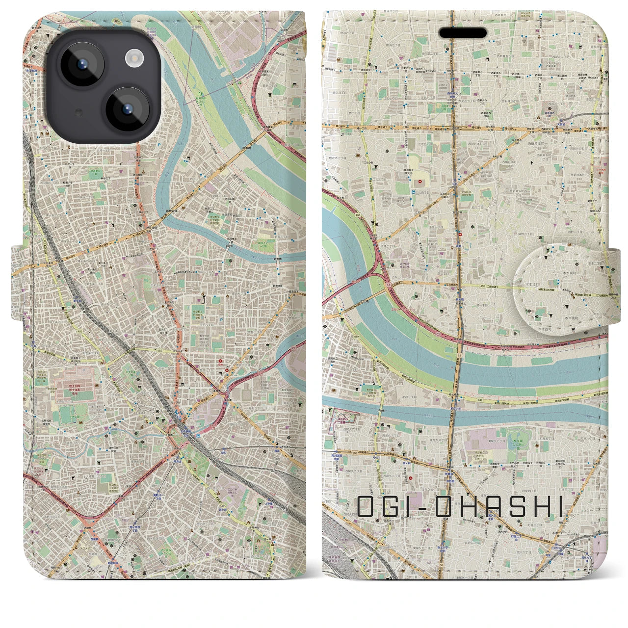 【扇大橋(東京都)】地図柄iPhoneケース(手帳タイプ)ナチュラル・iPhone 14 Plus 用