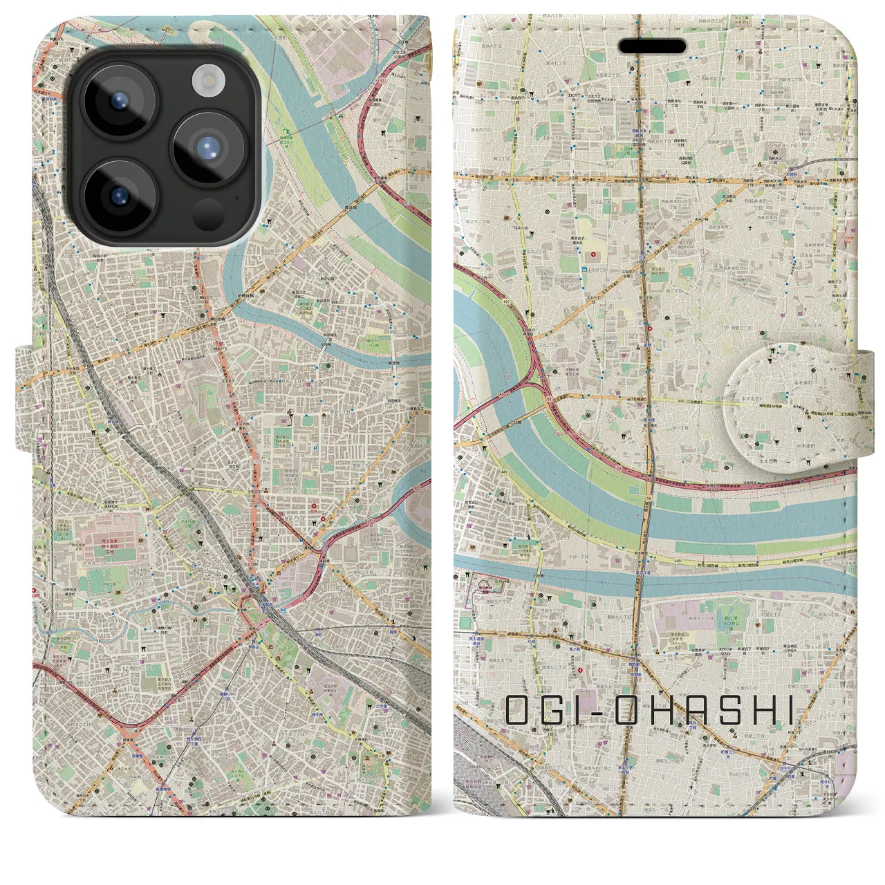 【扇大橋(東京都)】地図柄iPhoneケース(手帳タイプ)ナチュラル・iPhone 15 Pro Max 用
