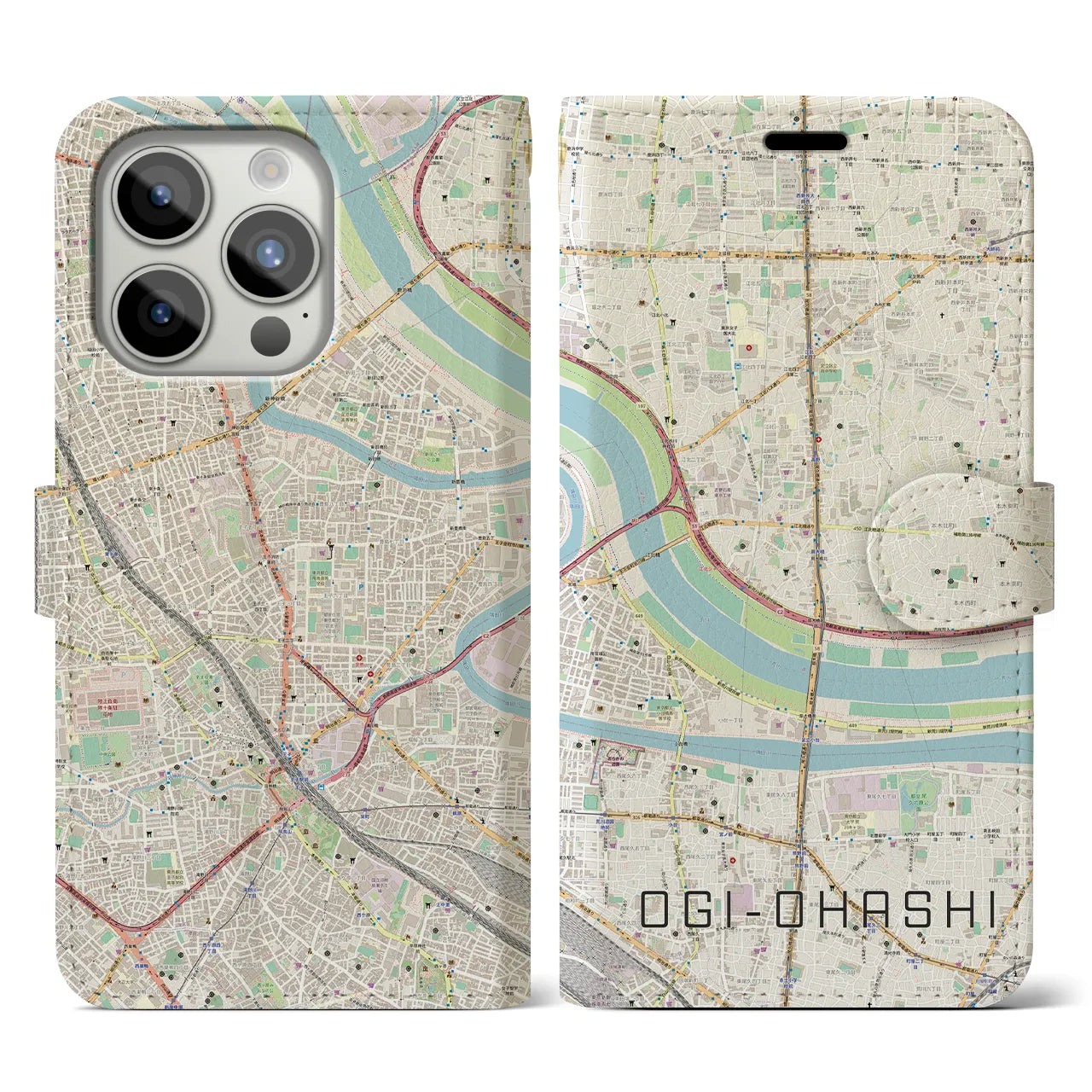 【扇大橋(東京都)】地図柄iPhoneケース(手帳タイプ)ナチュラル・iPhone 15 Pro 用