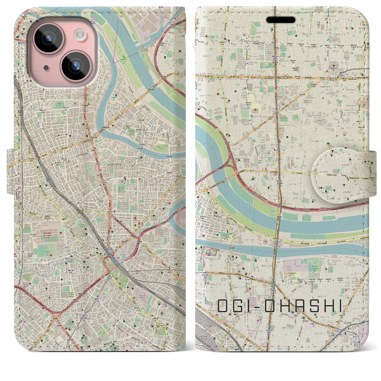 【扇大橋(東京都)】地図柄iPhoneケース(手帳タイプ)ナチュラル・iPhone 15 Plus 用