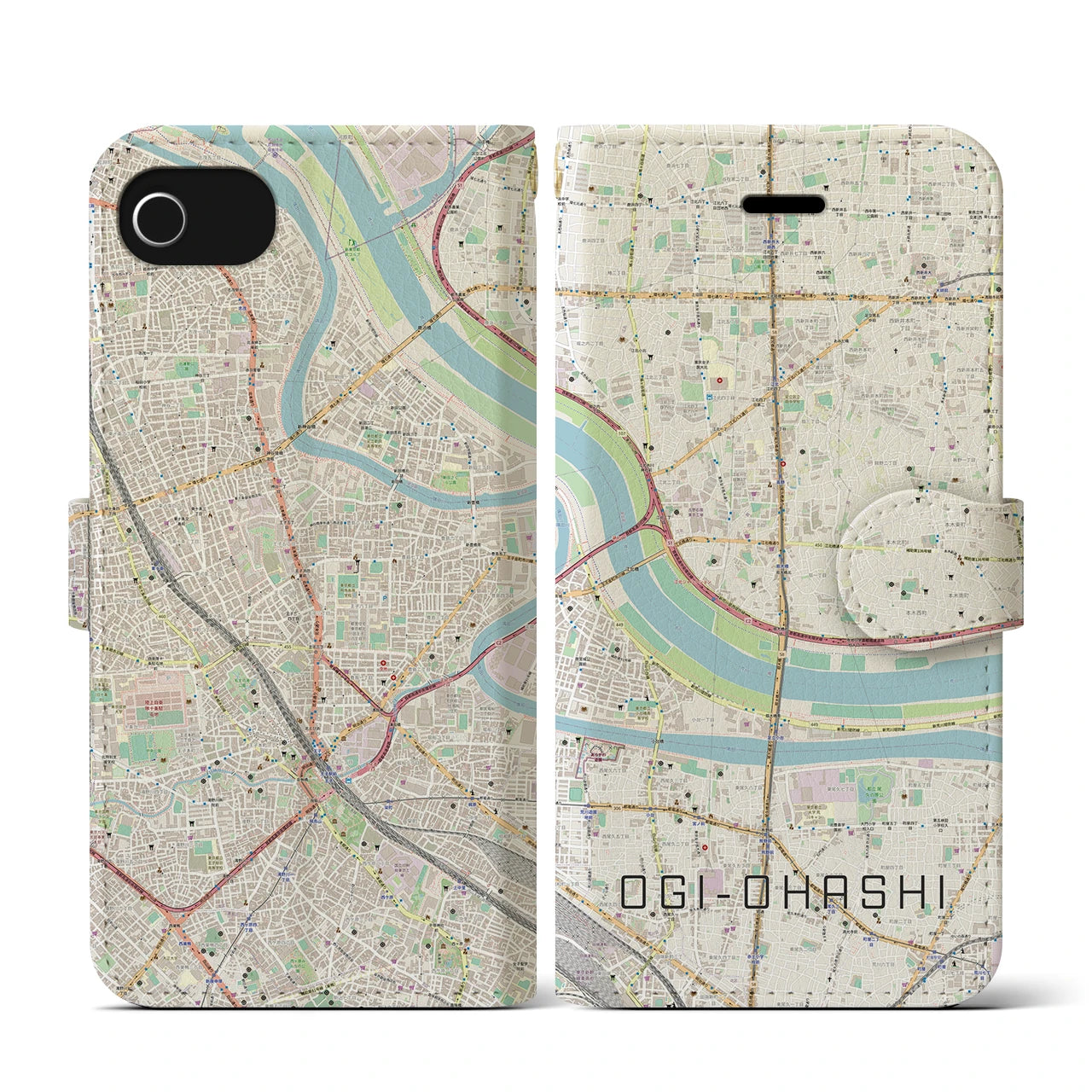 【扇大橋(東京都)】地図柄iPhoneケース(手帳タイプ)ナチュラル・iPhone SE(第3 / 第2世代) / 8 / 7 / 6s / 6 用