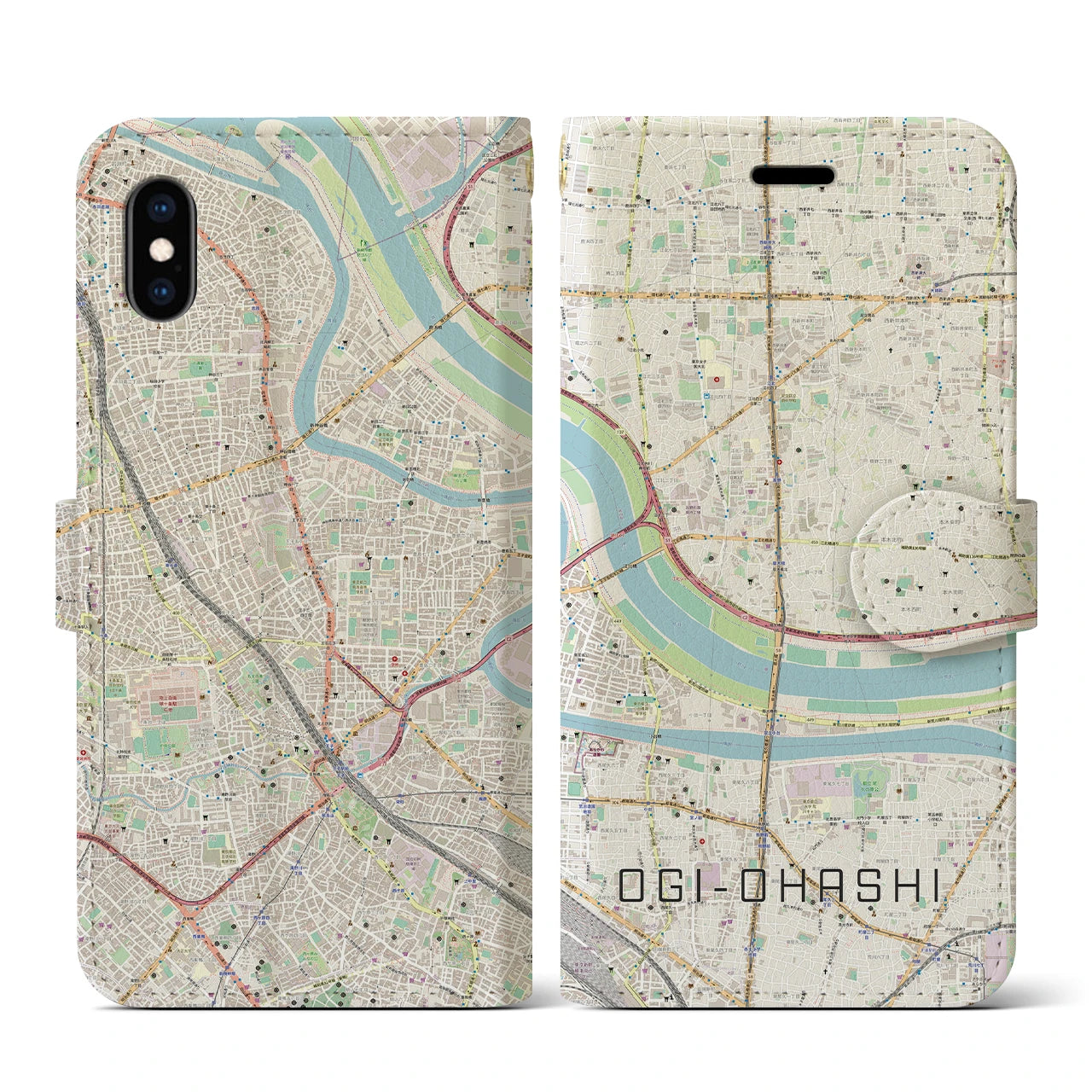 【扇大橋(東京都)】地図柄iPhoneケース(手帳タイプ)ナチュラル・iPhone XS / X 用