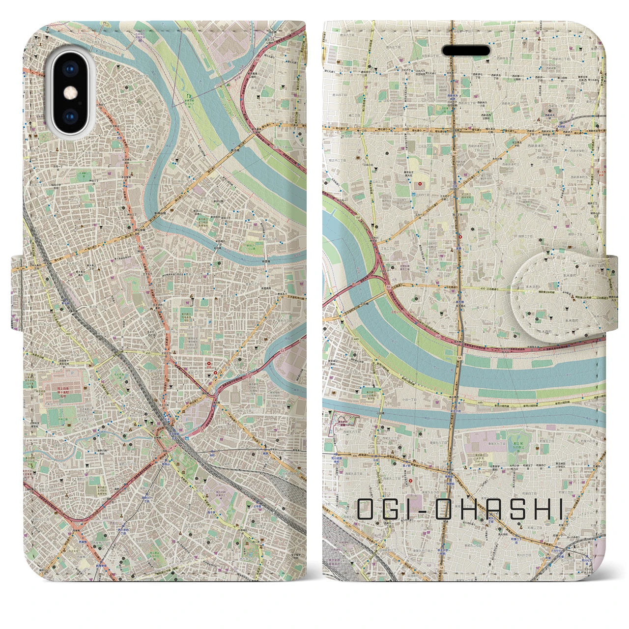 【扇大橋(東京都)】地図柄iPhoneケース(手帳タイプ)ナチュラル・iPhone XS Max 用