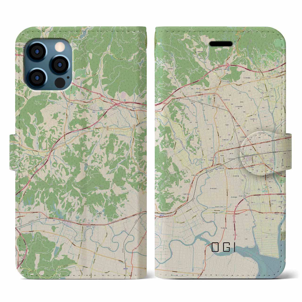 【小城(佐賀県)】地図柄iPhoneケース(手帳タイプ)ナチュラル・iPhone 12 / 12 Pro 用