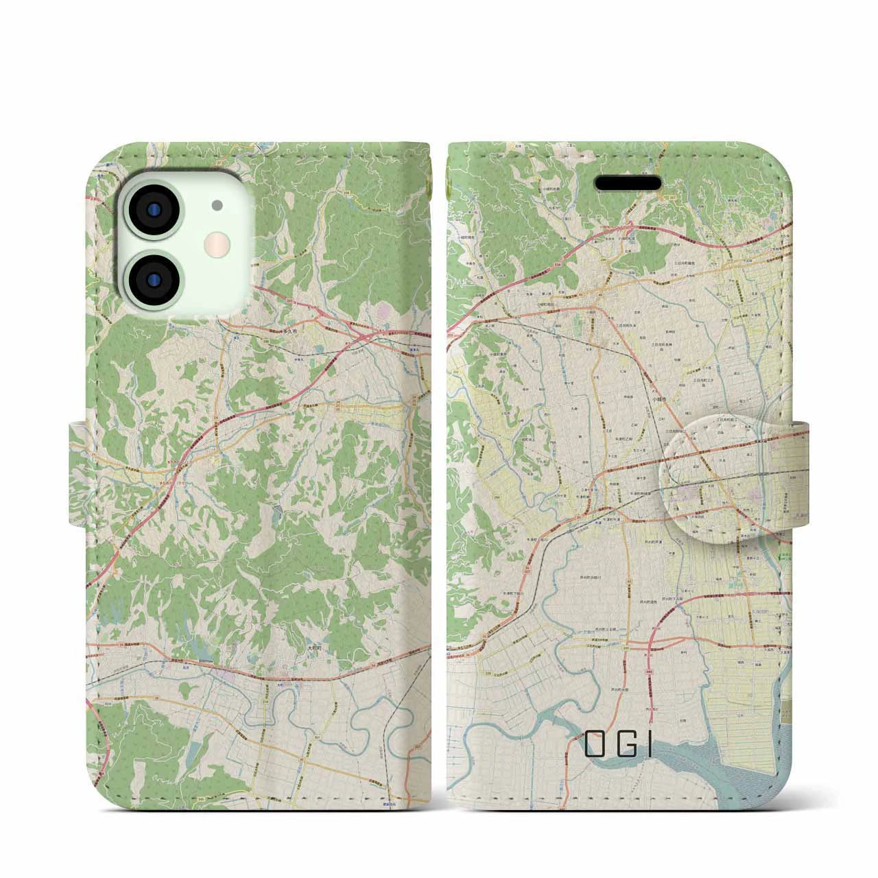 【小城(佐賀県)】地図柄iPhoneケース(手帳タイプ)ナチュラル・iPhone 12 mini 用