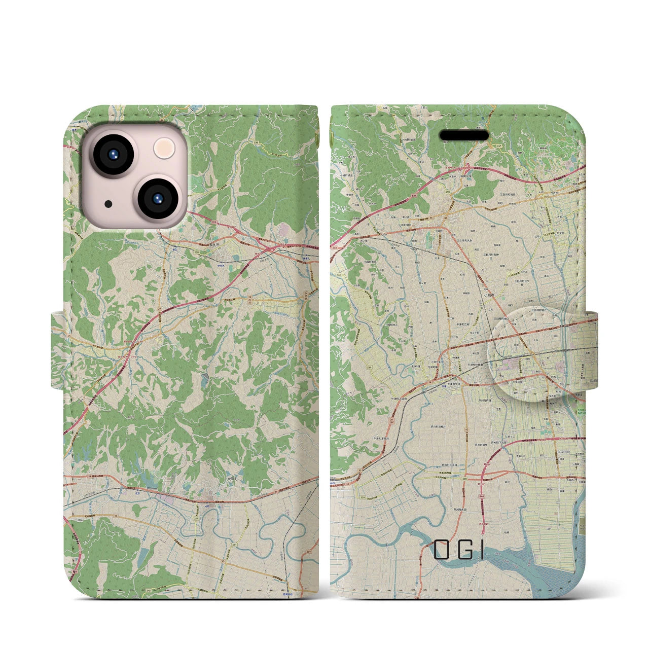【小城(佐賀県)】地図柄iPhoneケース(手帳タイプ)ナチュラル・iPhone 13 mini 用