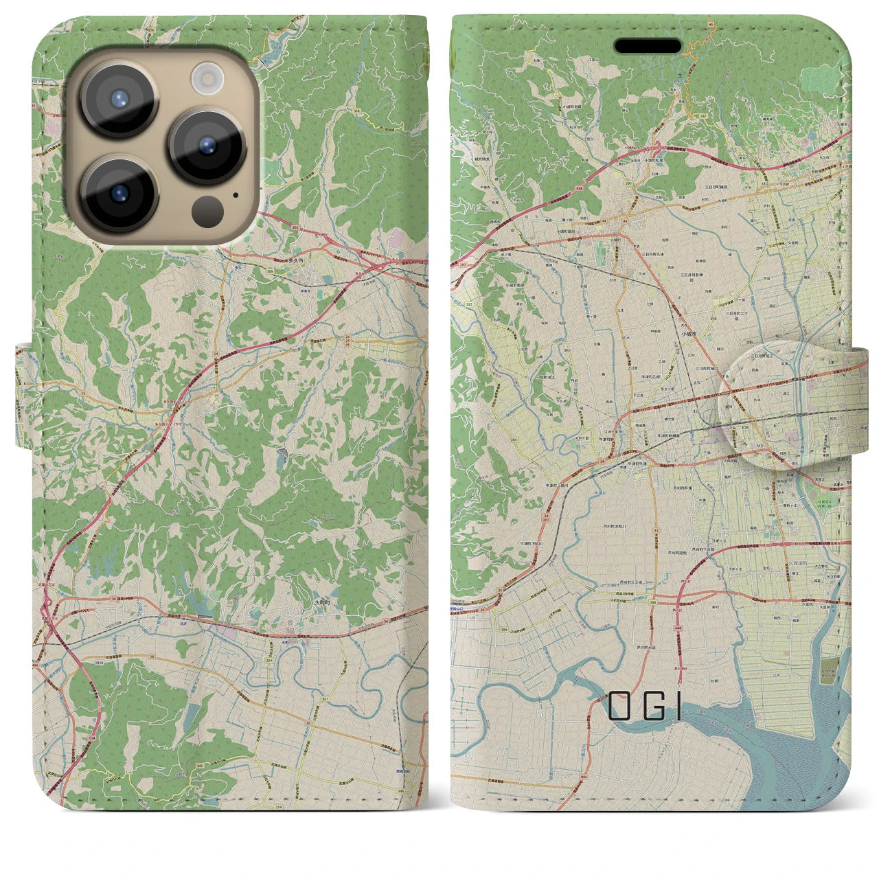 【小城(佐賀県)】地図柄iPhoneケース(手帳タイプ)ナチュラル・iPhone 14 Pro Max 用