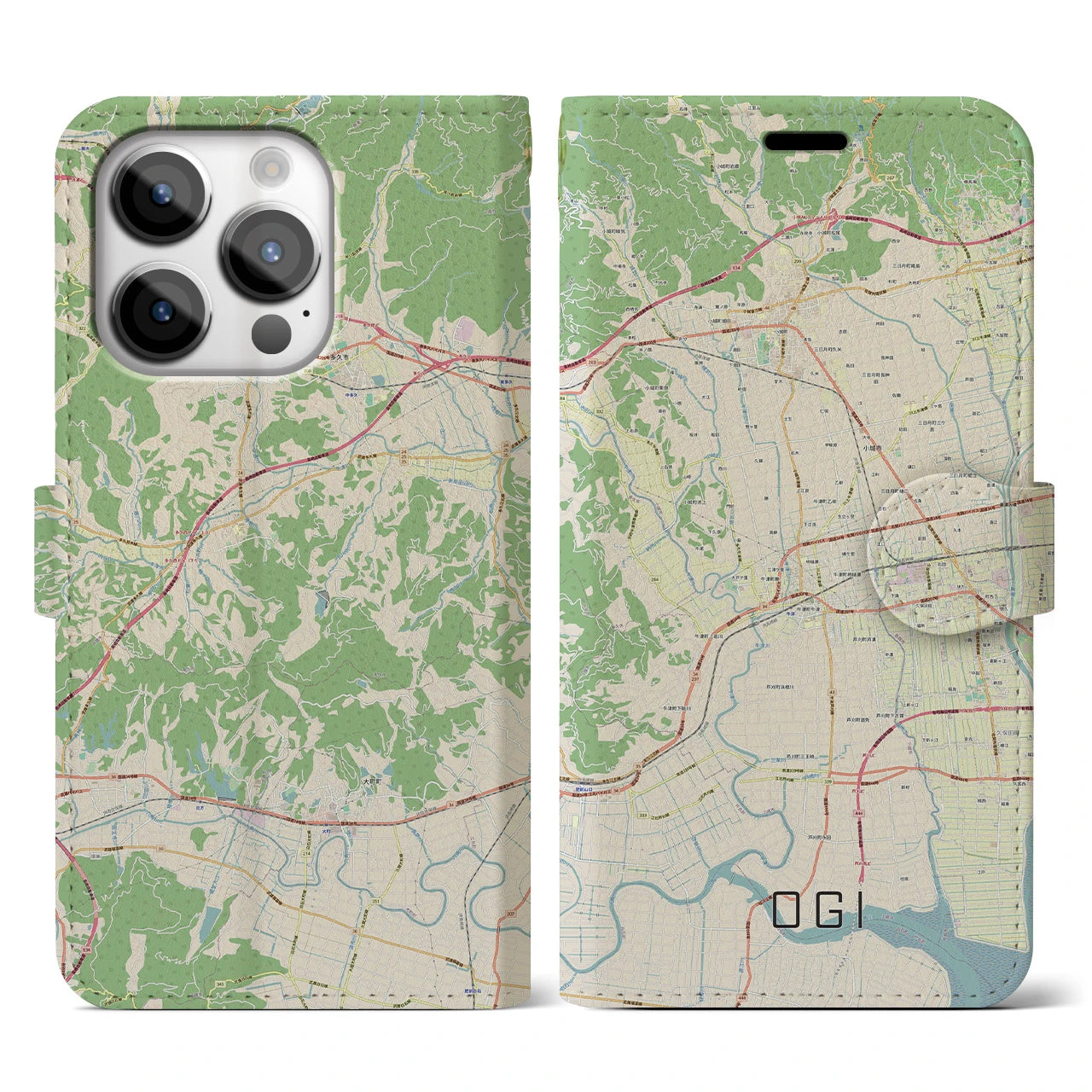 【小城(佐賀県)】地図柄iPhoneケース(手帳タイプ)ナチュラル・iPhone 14 Pro 用