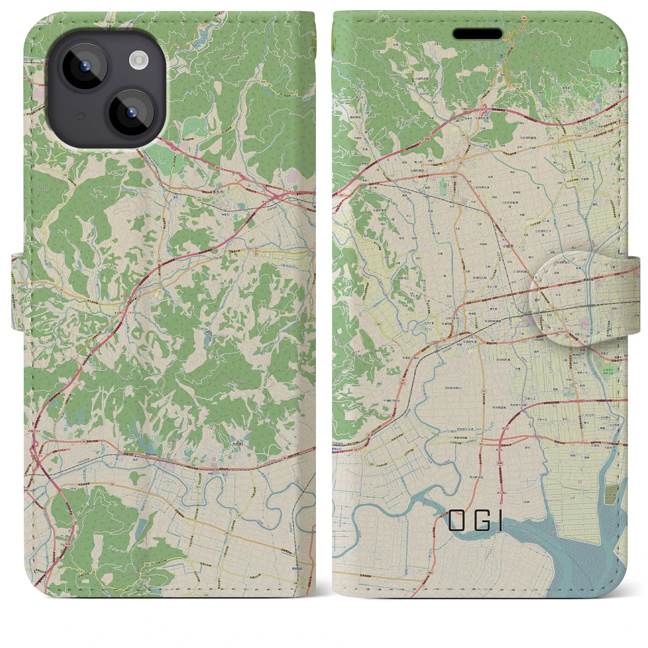 【小城(佐賀県)】地図柄iPhoneケース(手帳タイプ)ナチュラル・iPhone 14 Plus 用