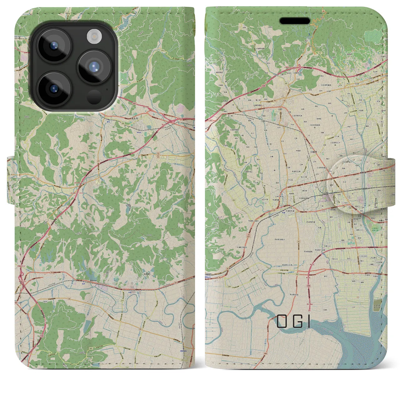 【小城(佐賀県)】地図柄iPhoneケース(手帳タイプ)ナチュラル・iPhone 15 Pro Max 用