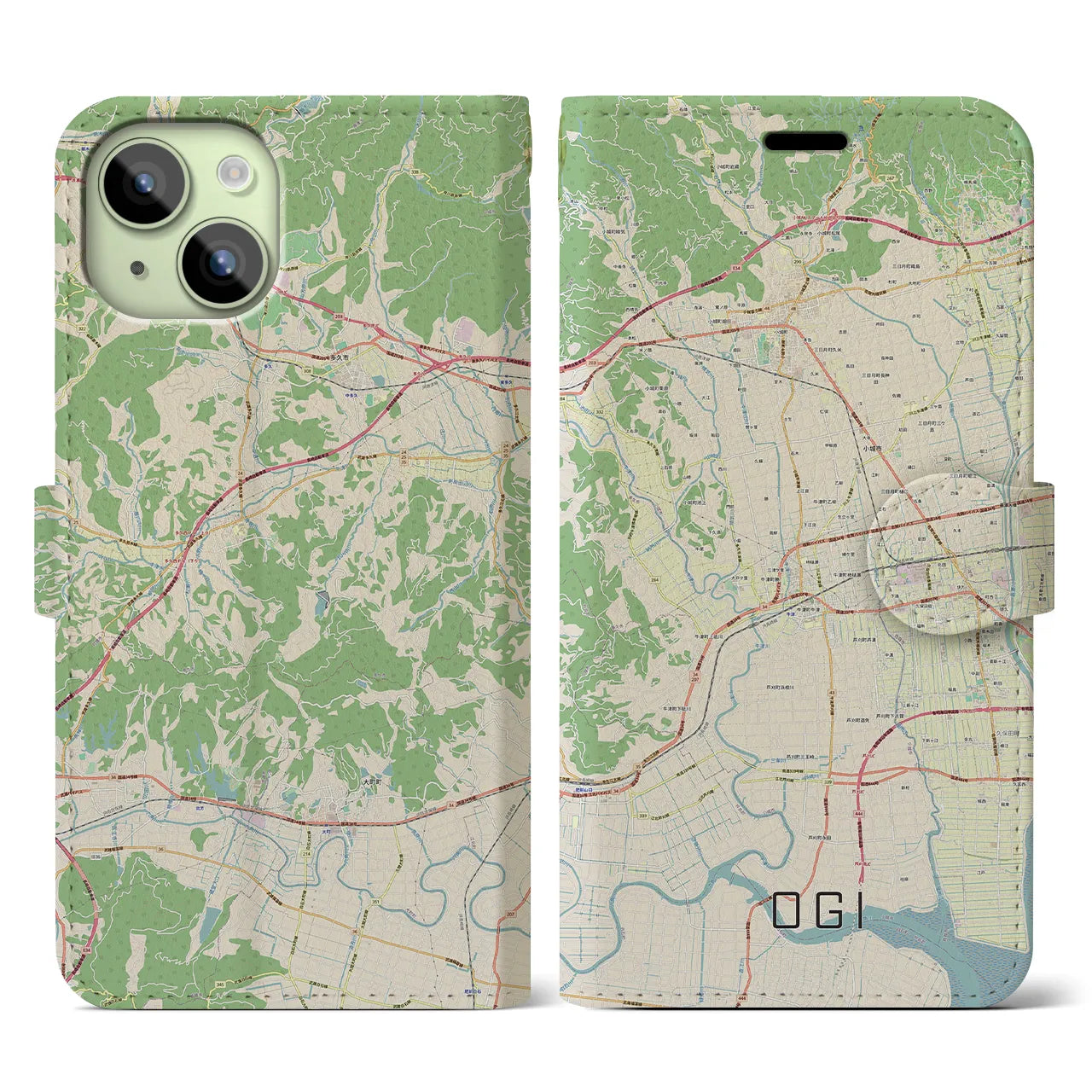 【小城(佐賀県)】地図柄iPhoneケース(手帳タイプ)ナチュラル・iPhone 15 用