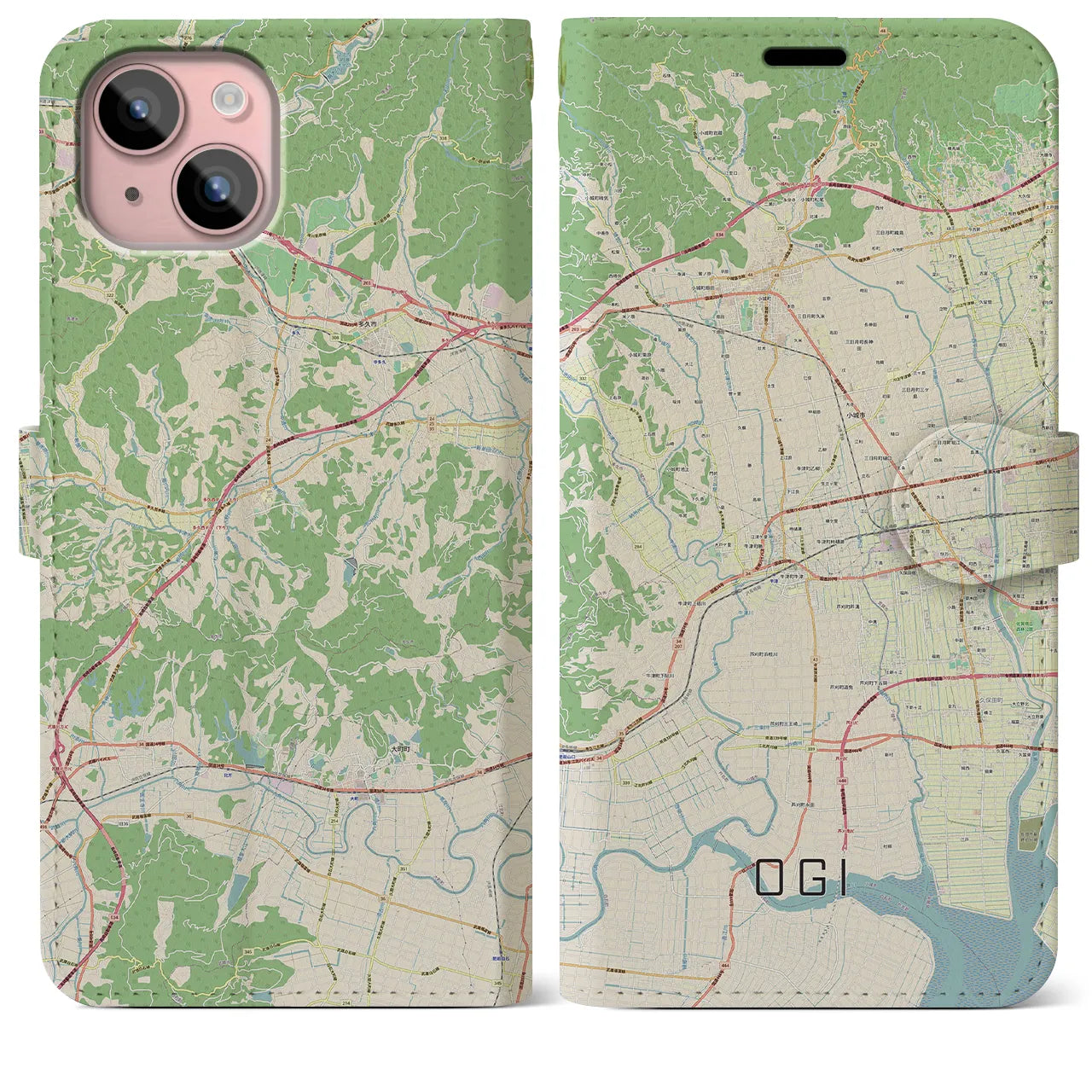 【小城(佐賀県)】地図柄iPhoneケース(手帳タイプ)ナチュラル・iPhone 15 Plus 用