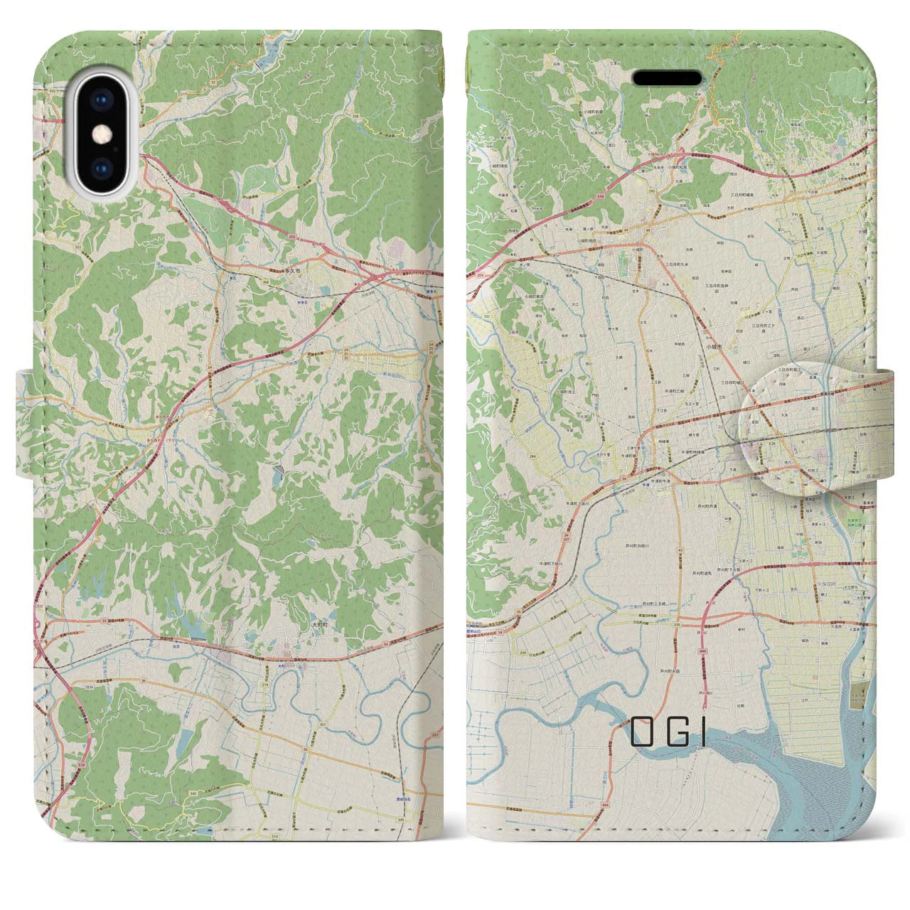 【小城(佐賀県)】地図柄iPhoneケース(手帳タイプ)ナチュラル・iPhone XS Max 用