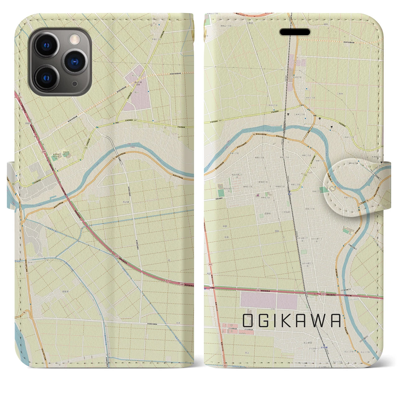 【荻川(新潟県)】地図柄iPhoneケース(手帳タイプ)ナチュラル・iPhone 11 Pro Max 用