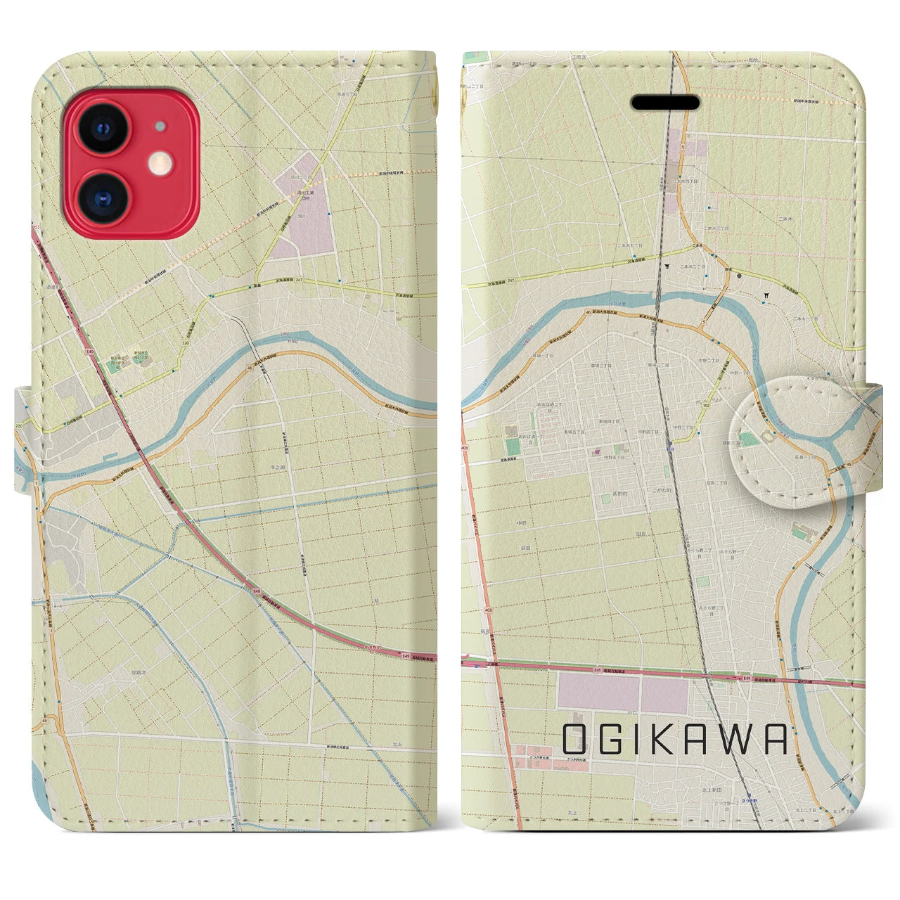 【荻川(新潟県)】地図柄iPhoneケース(手帳タイプ)ナチュラル・iPhone 11 用