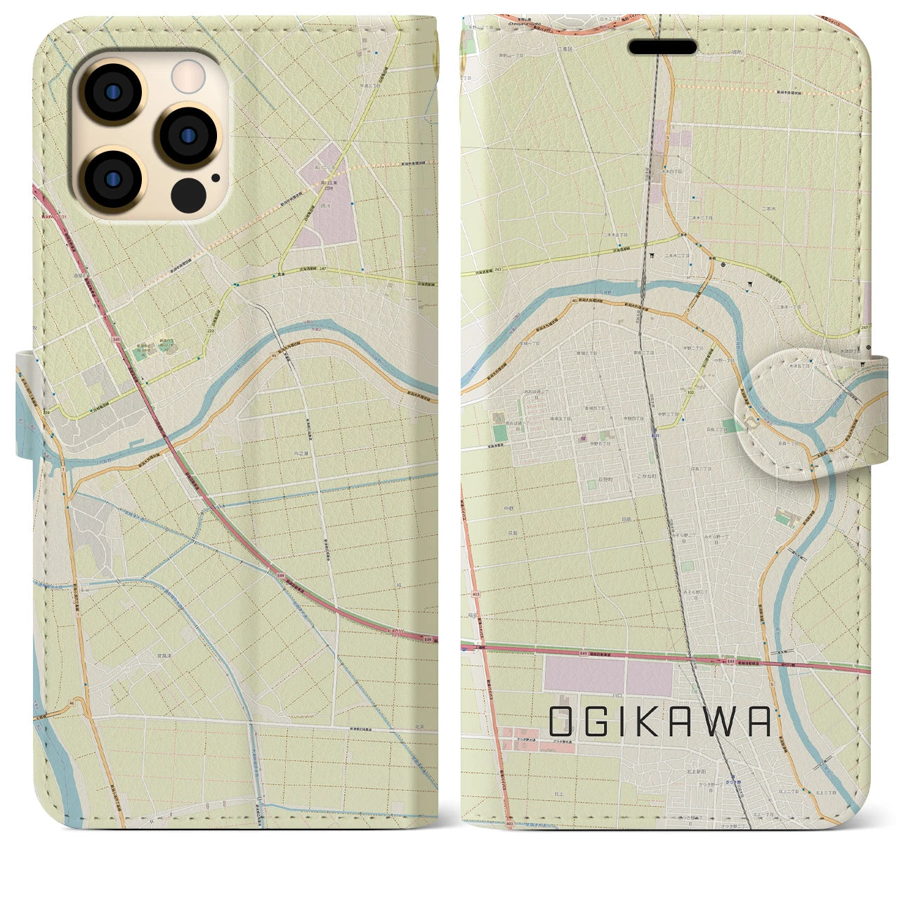 【荻川(新潟県)】地図柄iPhoneケース(手帳タイプ)ナチュラル・iPhone 12 Pro Max 用