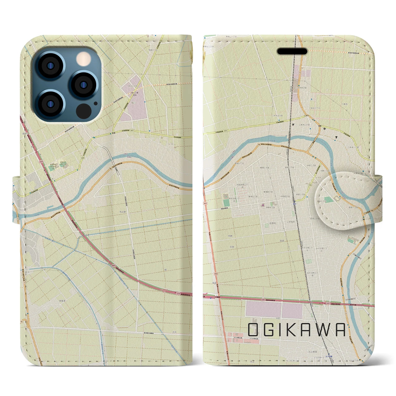 【荻川(新潟県)】地図柄iPhoneケース(手帳タイプ)ナチュラル・iPhone 12 / 12 Pro 用