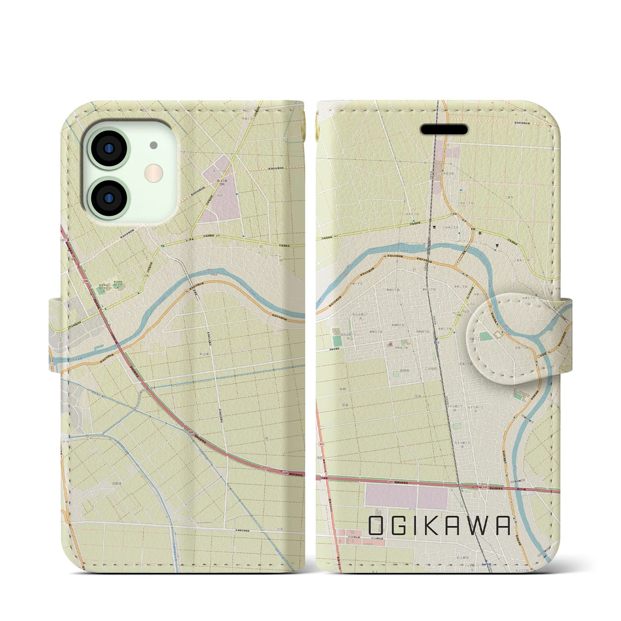 【荻川(新潟県)】地図柄iPhoneケース(手帳タイプ)ナチュラル・iPhone 12 mini 用