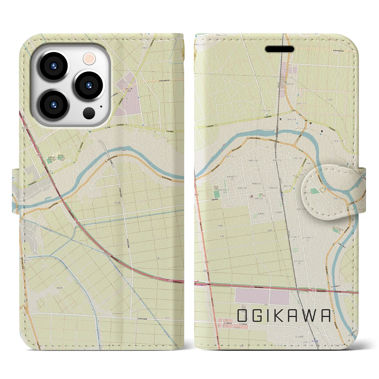 【荻川(新潟県)】地図柄iPhoneケース(手帳タイプ)ナチュラル・iPhone 13 Pro 用