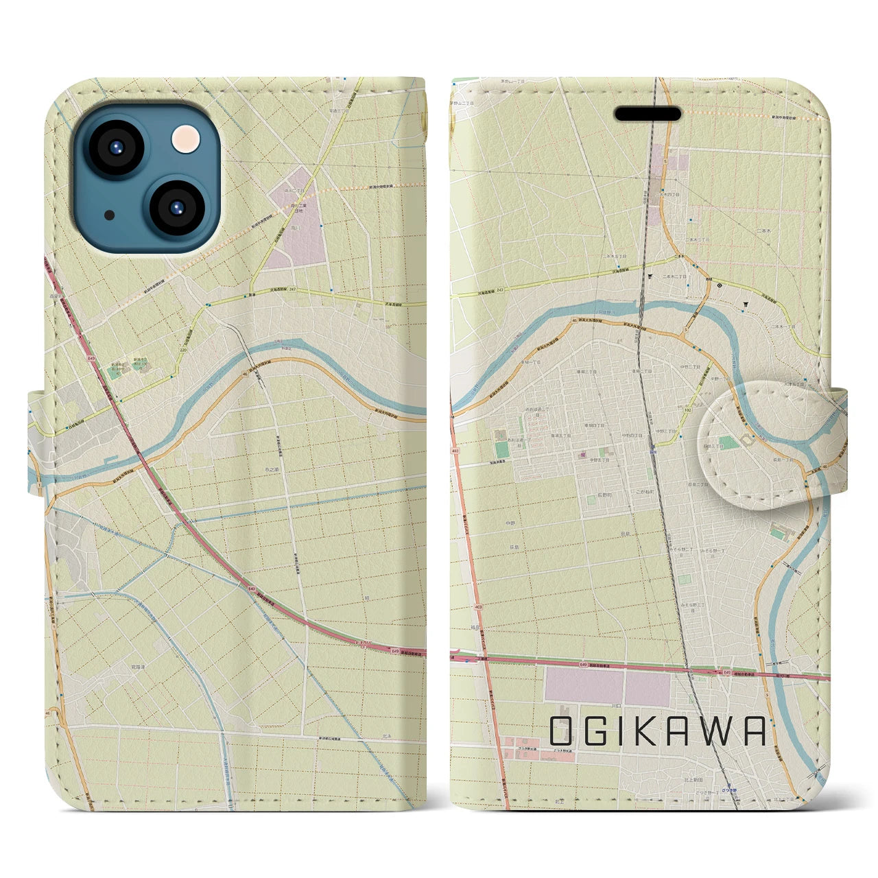 【荻川(新潟県)】地図柄iPhoneケース(手帳タイプ)ナチュラル・iPhone 13 用