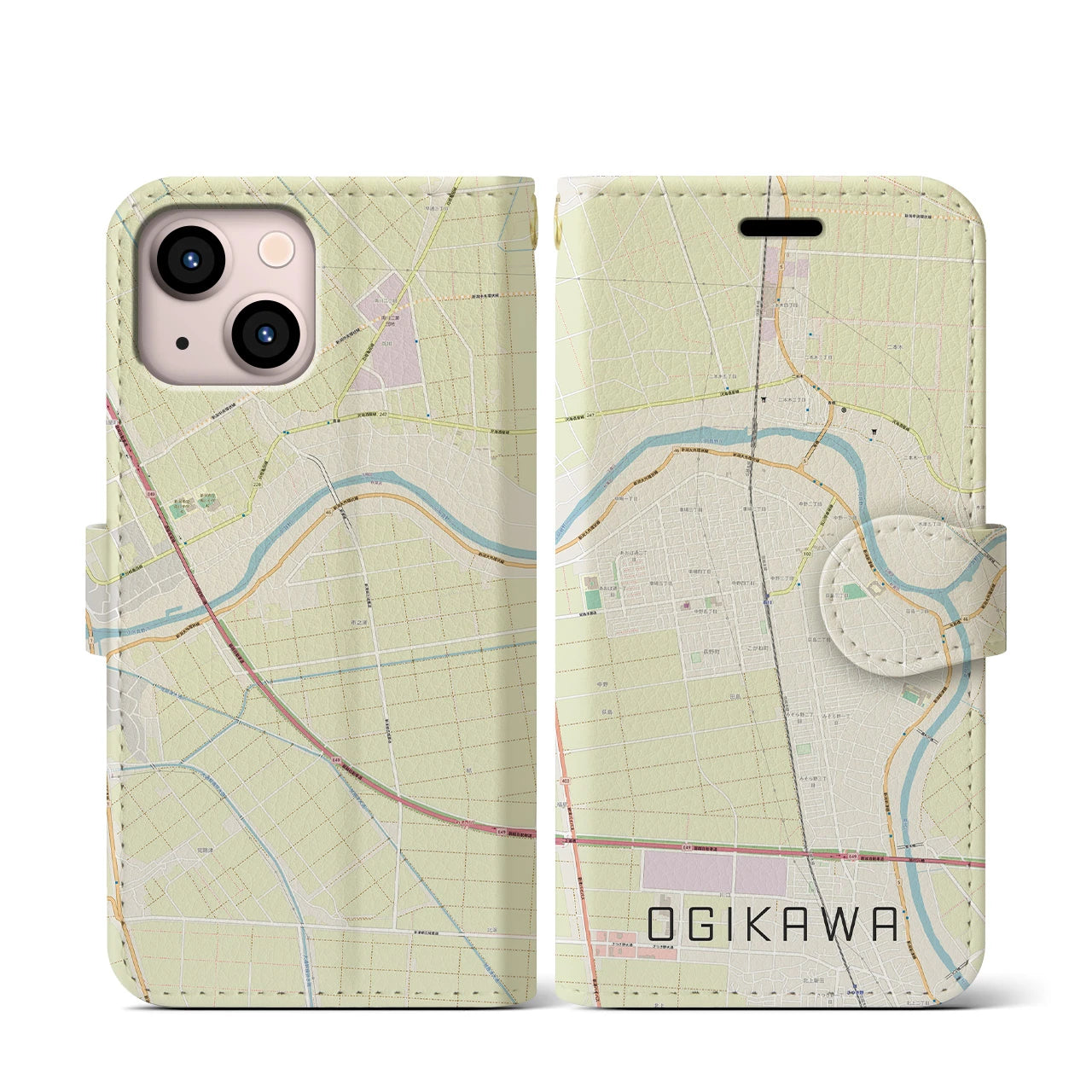 【荻川(新潟県)】地図柄iPhoneケース(手帳タイプ)ナチュラル・iPhone 13 mini 用