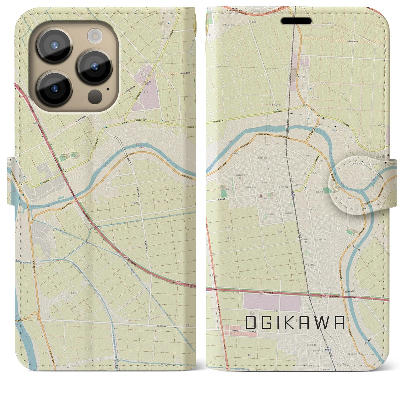 【荻川(新潟県)】地図柄iPhoneケース(手帳タイプ)ナチュラル・iPhone 14 Pro Max 用